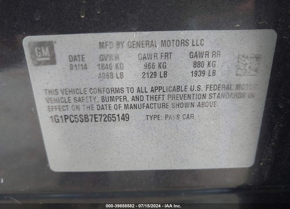 2014 CHEVROLET CRUZE 1LT AUTO VIN: 1G1PC5SB7E7265149