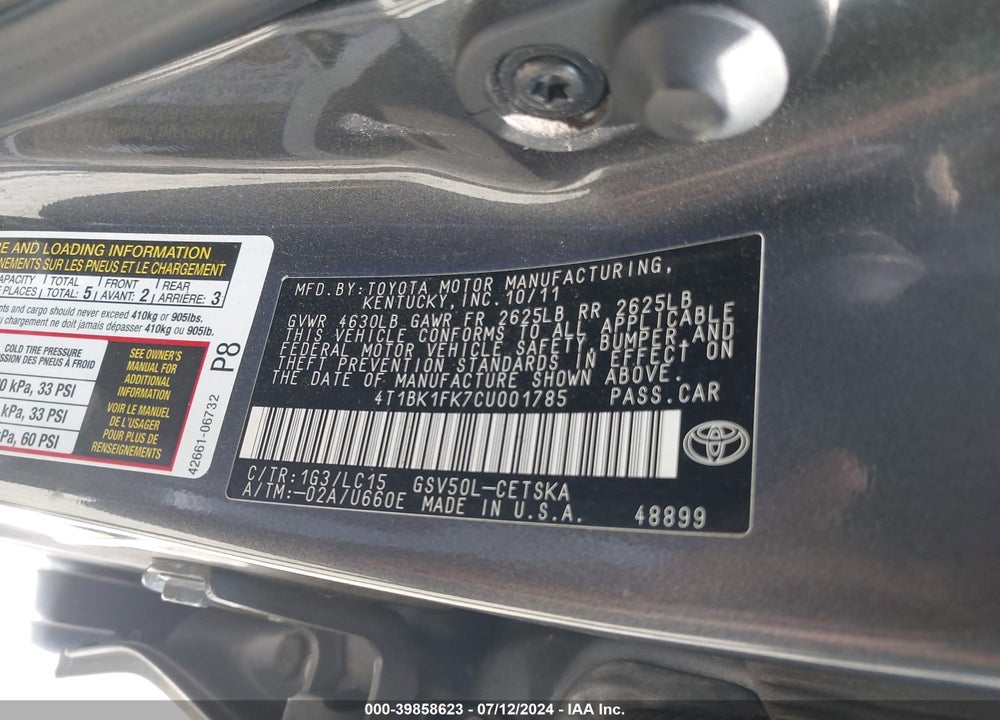 2012 TOYOTA CAMRY SE V6 VIN: 4T1BK1FK7CU001785