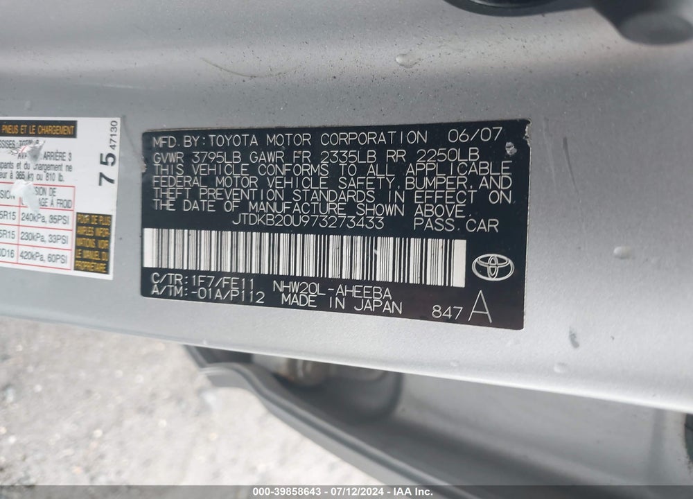 2007 TOYOTA PRIUS VIN: JTDKB20U973273433
