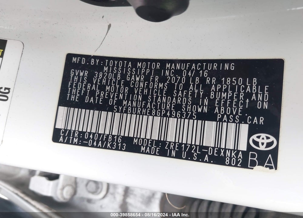 2016 TOYOTA COROLLA LE VIN: 5YFBURHE8GP496375