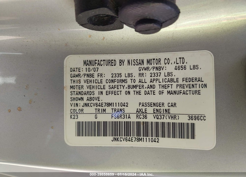 2008 INFINITI G37 SPORT VIN: JNKCV64E78M111042