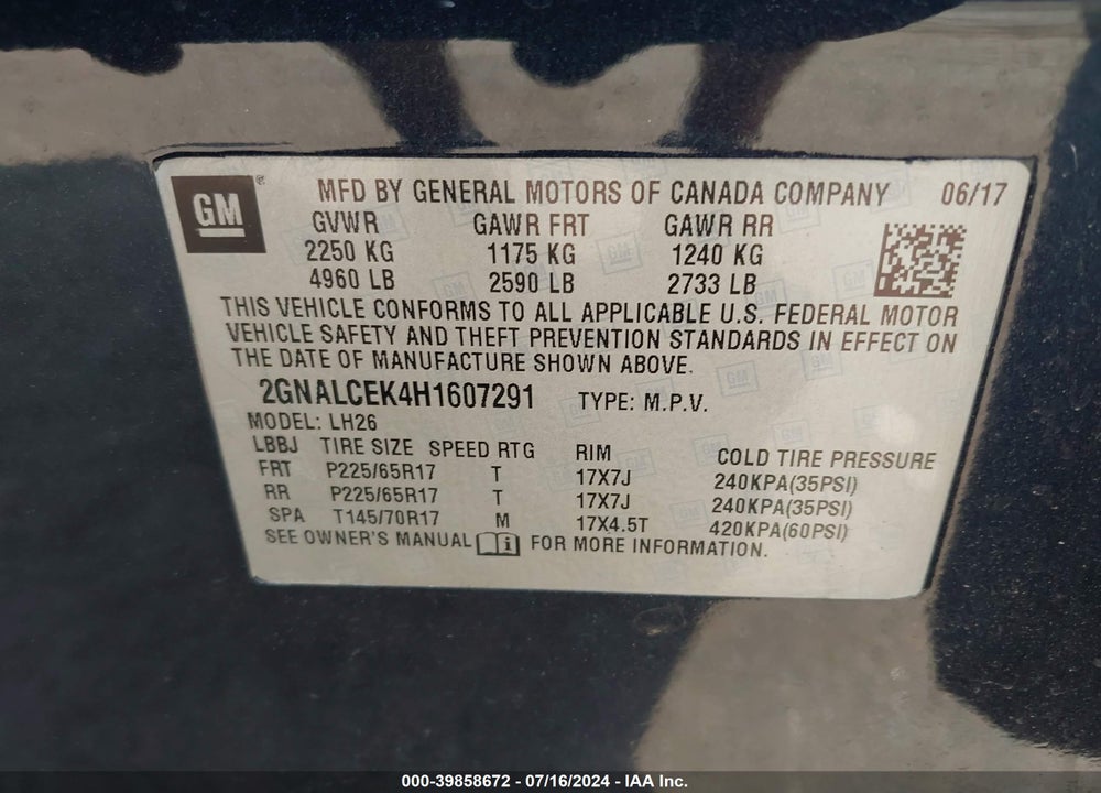 2017 CHEVROLET EQUINOX LT VIN: 2GNALCEK4H1607291