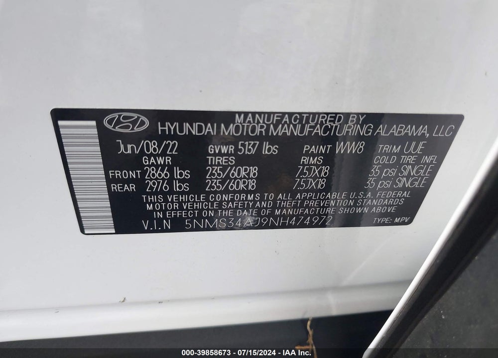 2022 HYUNDAI SANTA FE SEL VIN: 5NMS34AJ9NH474972