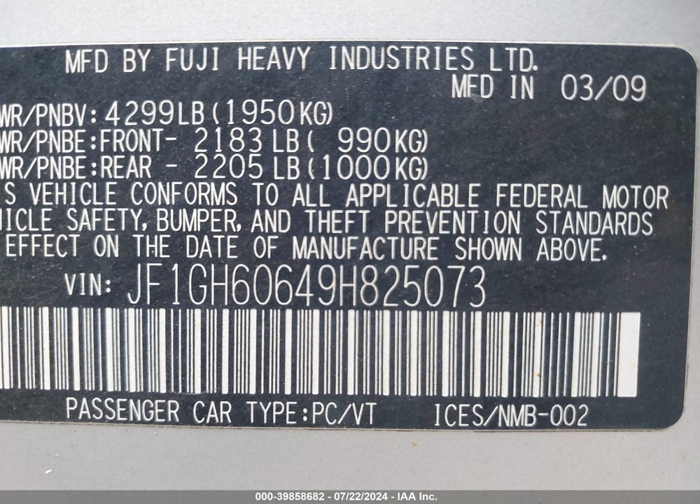 2009 SUBARU IMPREZA 2.5I VIN: JF1GH60649H825073