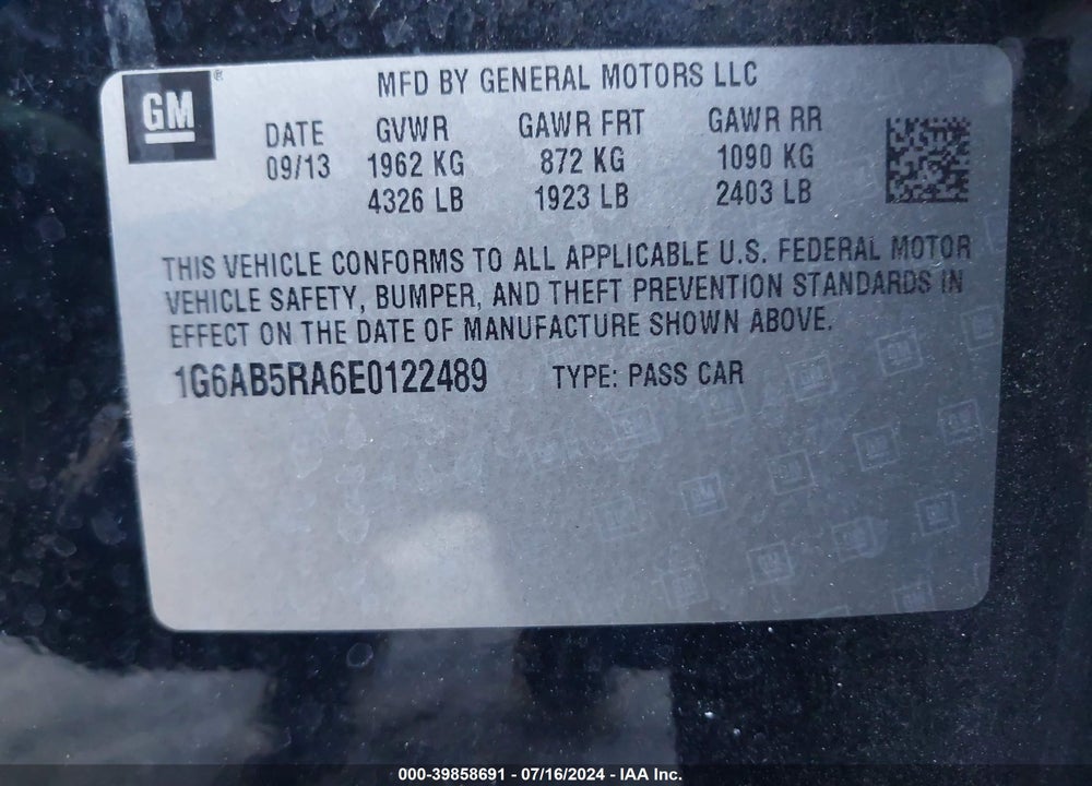 2014 CADILLAC ATS LUXURY VIN: 1G6AB5RA6E0122489