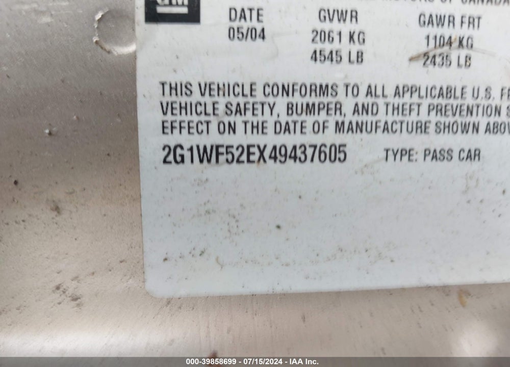 2004 CHEVROLET IMPALA VIN: 2G1WF52EX49437605