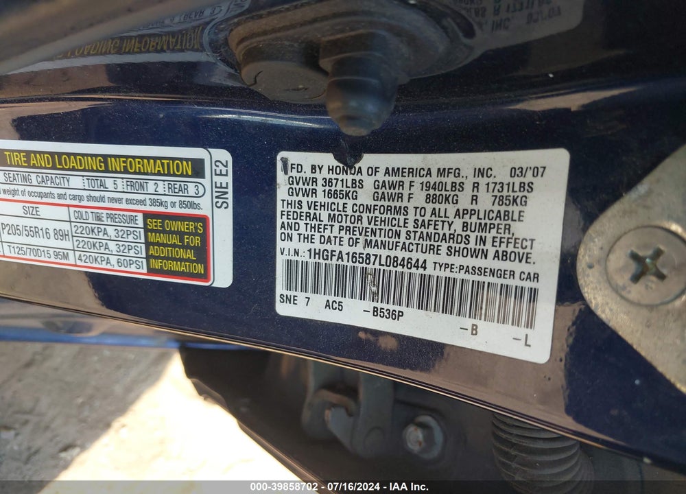 2007 HONDA CIVIC LX VIN: 1HGFA16587L084644