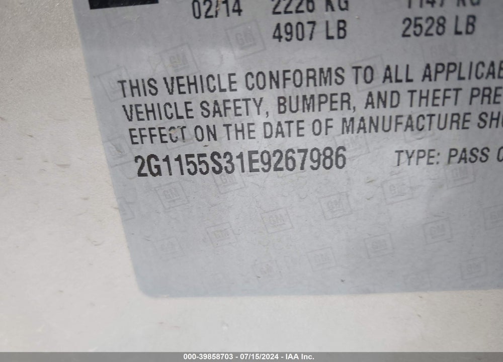 2014 CHEVROLET IMPALA 2LZ VIN: 2G1155S31E9267986