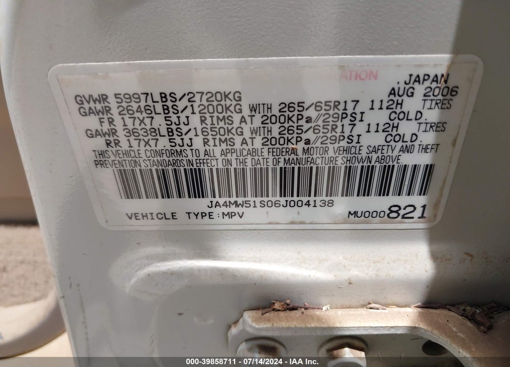 2006 MITSUBISHI MONTERO LIMITED VIN: JA4MW51S06J004138