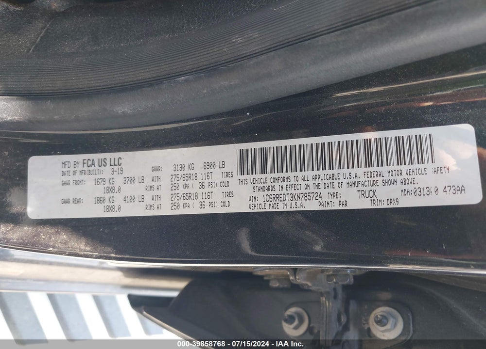 2019 RAM 1500 LAIE QUAD CAB 4X2 6'4 BOX VIN: 1C6RREDT3KN785724