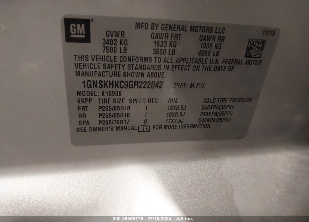 2016 CHEVROLET SUBURBAN LT VIN: 1GNSKHKC9GR222042