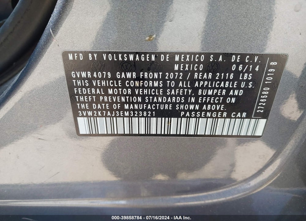 2014 VOLKSWAGEN JETTA VIN: 3VW2K7AJ3EM323821