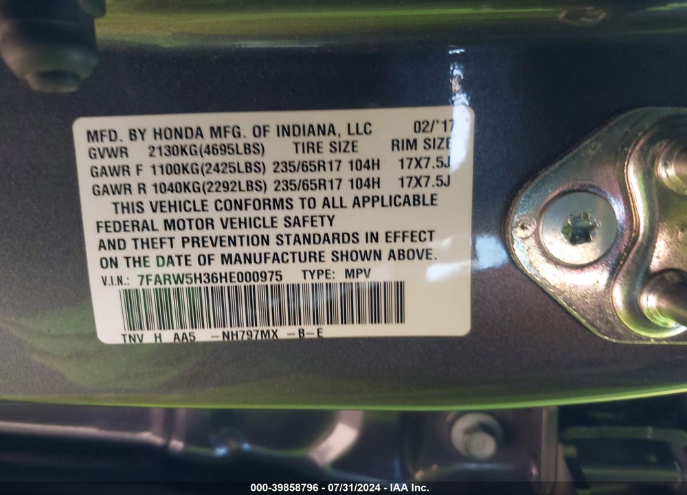 2017 HONDA CR-V LX VIN: 7FARW5H36HE000975