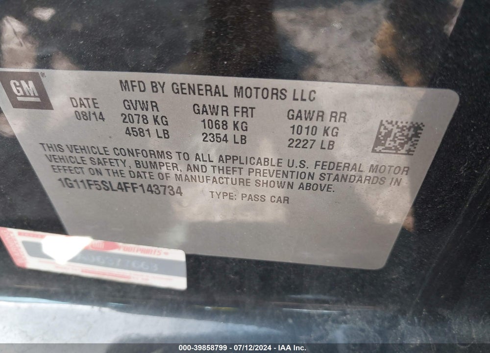 2015 CHEVROLET MALIBU 1LZ VIN: 1G11F5SL4FF143734