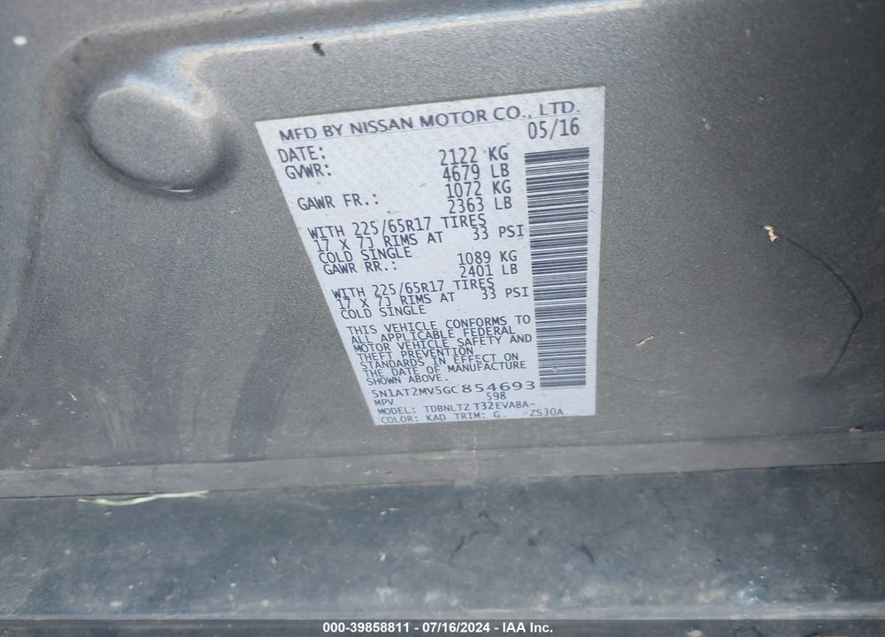 2016 NISSAN ROGUE SV VIN: 5N1AT2MV5GC854693