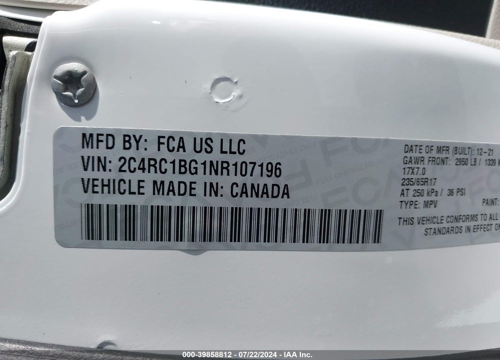 2022 CHRYSLER PACIFICA TOURING L VIN: 2C4RC1BG1NR107196