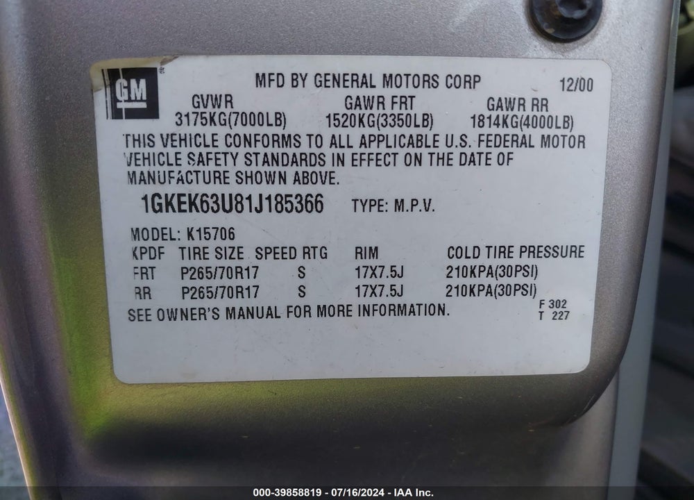 2001 GMC YUKON VIN: 1GKEK63U81J185366