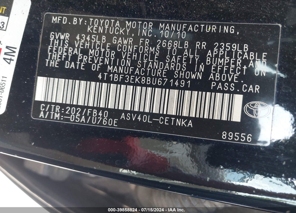 2011 TOYOTA CAMRY LE VIN: 4T1BF3EK8BU671491