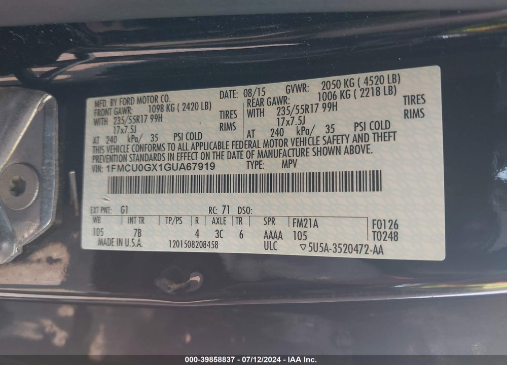 2016 FORD ESCAPE SE VIN: 1FMCU0GX1GUA67919