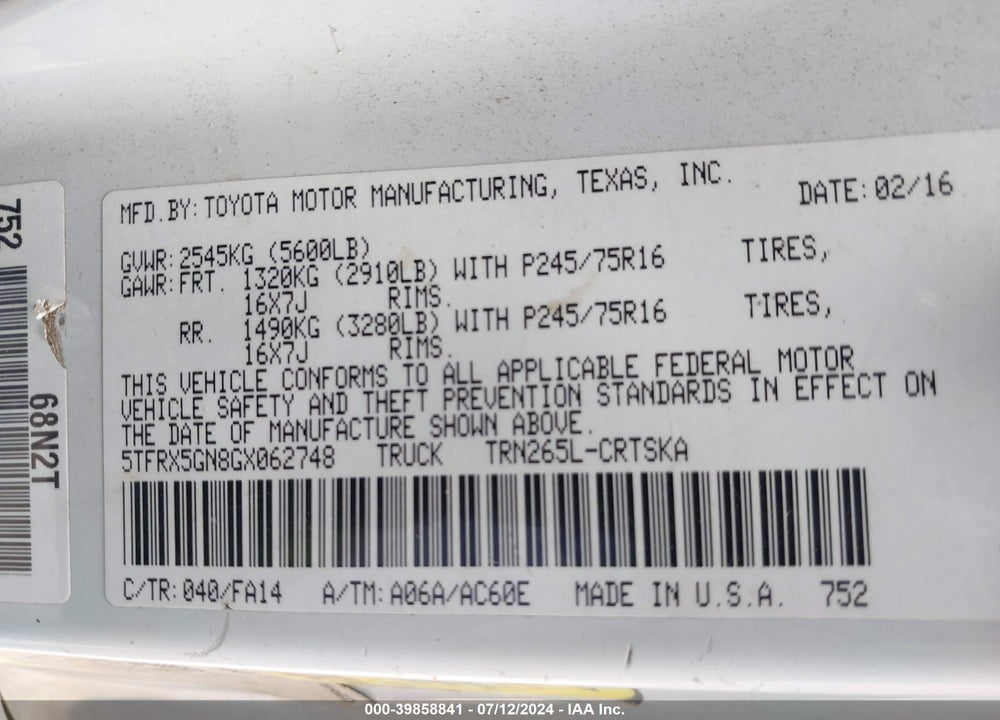 2016 TOYOTA TACOMA SR VIN: 5TFRX5GN8GX062748