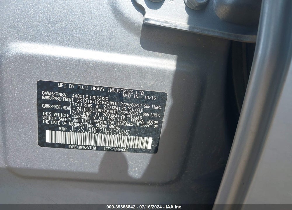 2017 SUBARU FORESTER 2.5I VIN: JF2SJABC2HH490880
