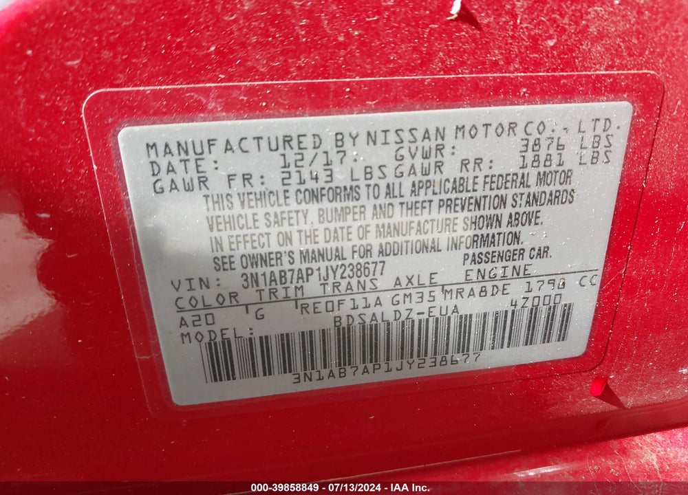 2018 NISSAN SENTRA SV VIN: 3N1AB7AP1JY238677