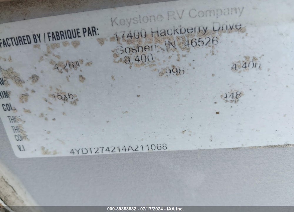 2004 KEYSTONE RV SPRINTER 274 RLS VIN: 4YDT274214A211068