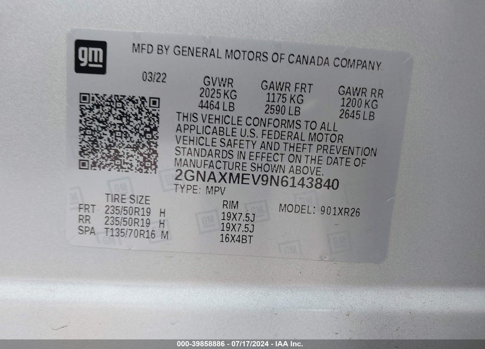 2022 CHEVROLET EQUINOX FWD RS VIN: 2GNAXMEV9N6143840