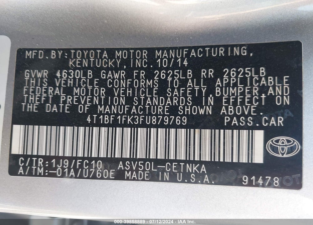 2015 TOYOTA CAMRY LE VIN: 4T1BF1FK3FU879769
