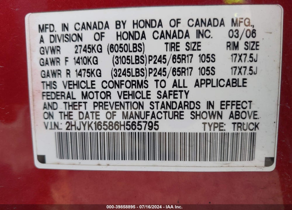 2006 HONDA RIDGELINE RTL VIN: 2HJYK16586H565795
