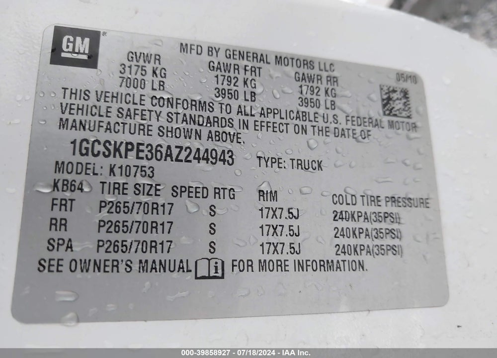 2010 CHEVROLET SILVERADO 1500 WORK TRUCK VIN: 1GCSKPE36AZ244943