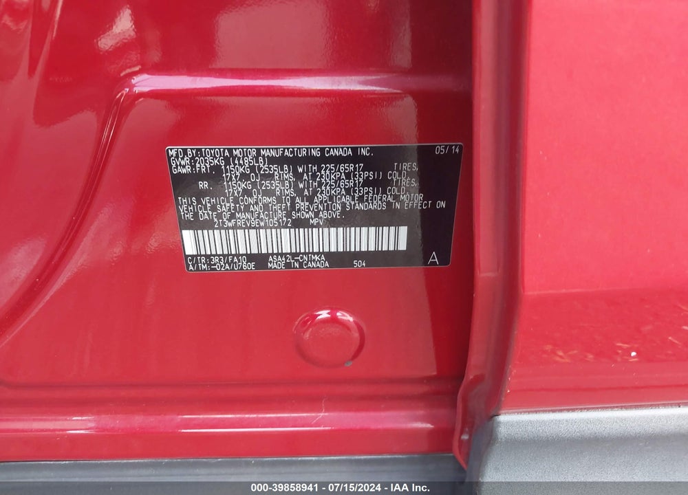 2014 TOYOTA RAV4 XLE VIN: 2T3WFREV9EW105172