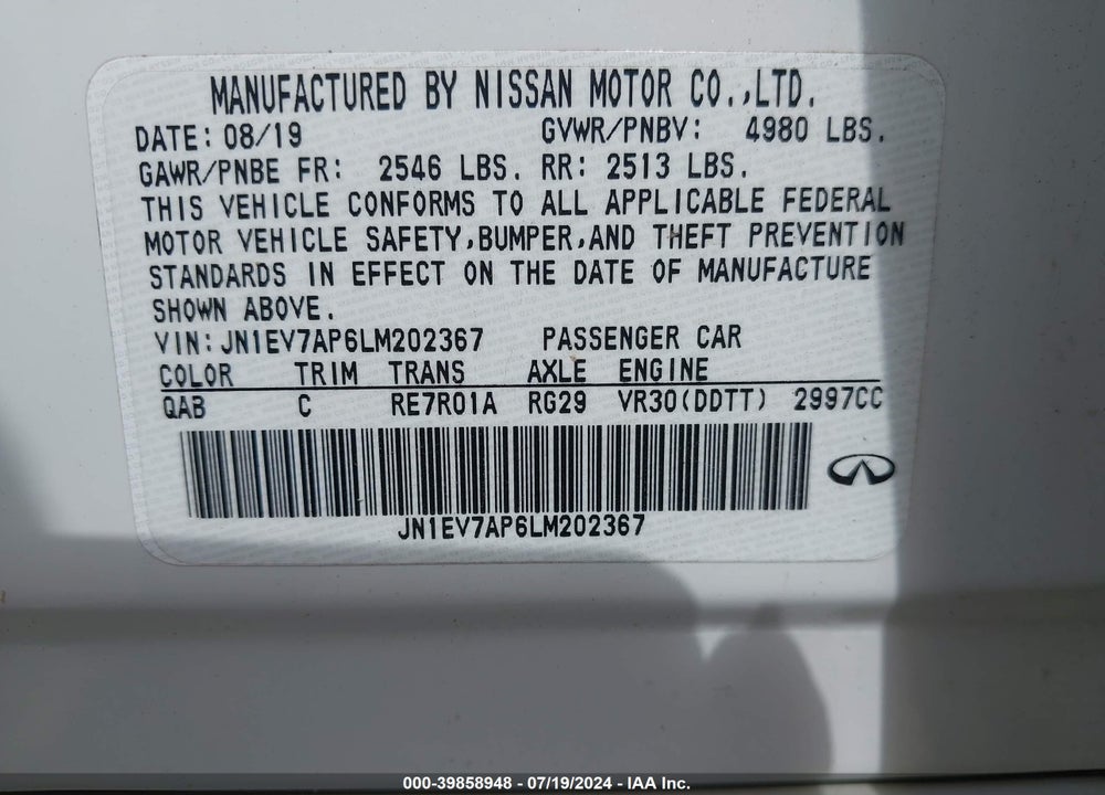 2020 INFINITI Q50 LUXE VIN: JN1EV7AP6LM202367