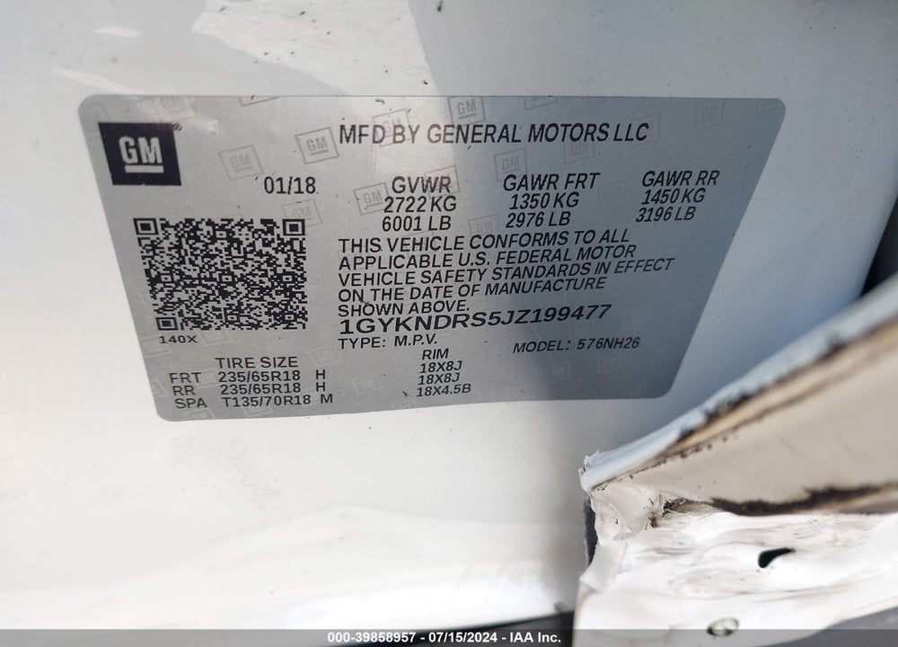 2018 CADILLAC XT5 LUXURY VIN: 1GYKNDRS5JZ199477