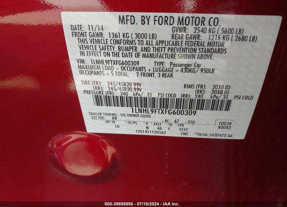 2015 LINCOLN MKS VIN: 1LNHL9FTXFG600309