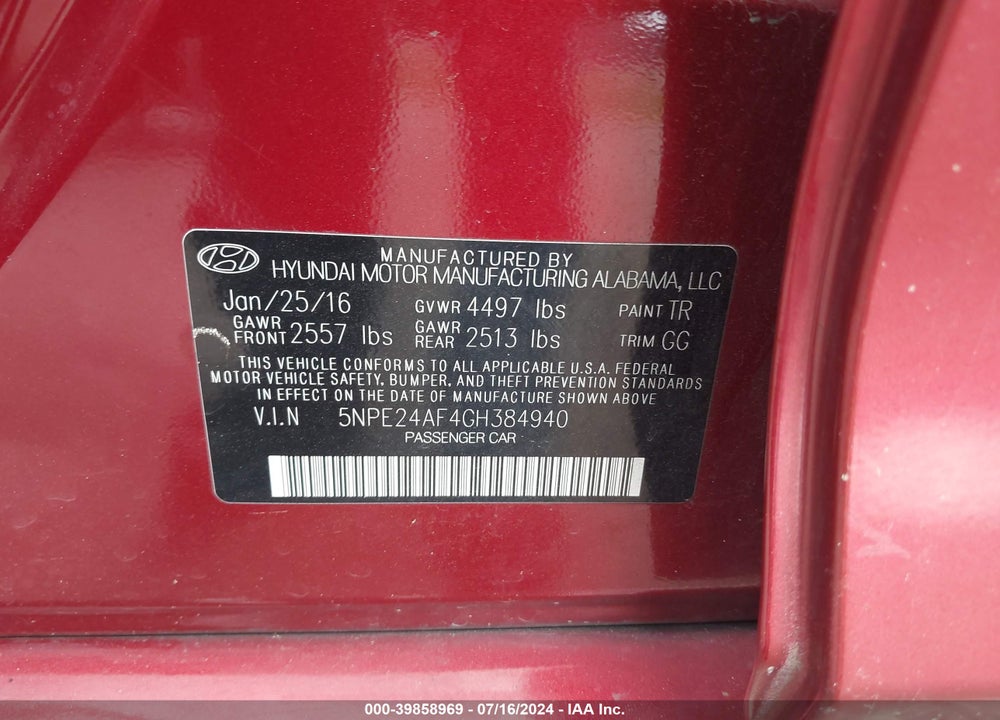 2016 HYUNDAI SONATA SE VIN: 5NPE24AF4GH384940