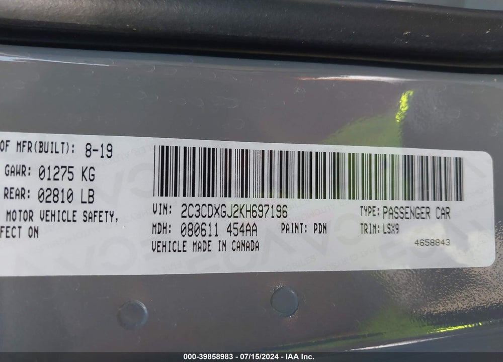 2019 DODGE CHARGER SCAT PACK RWD VIN: 2C3CDXGJ2KH697196