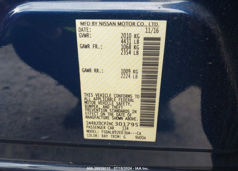 2017 NISSAN LEAF S VIN: 1N4BZ0CP2HC301795