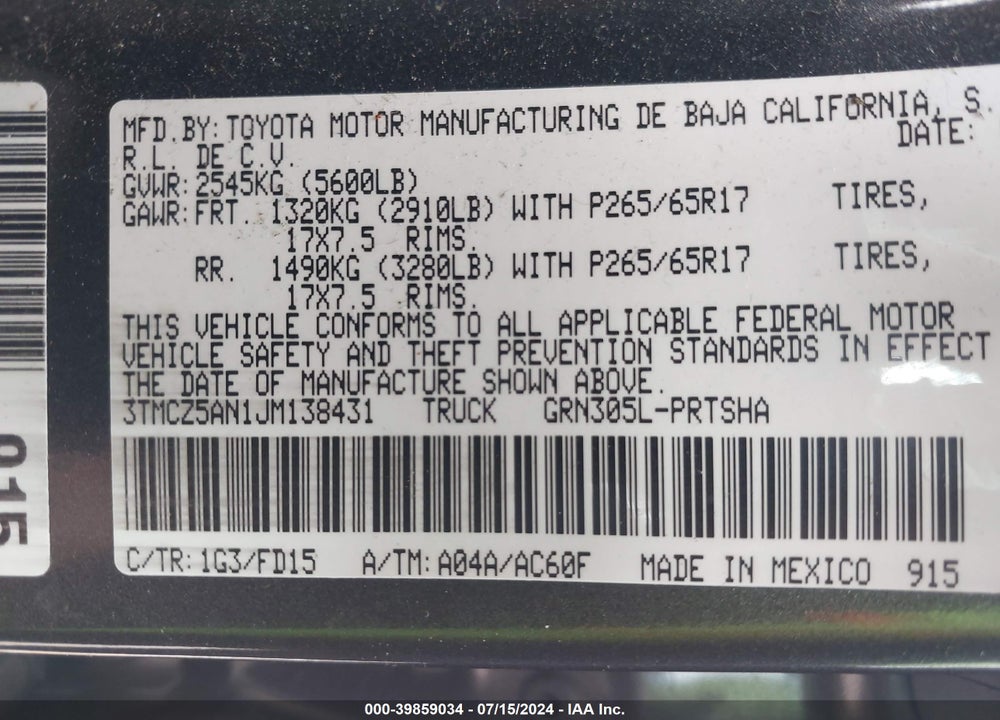 2018 TOYOTA TACOMA TRD SPORT VIN: 3TMCZ5AN1JM138431