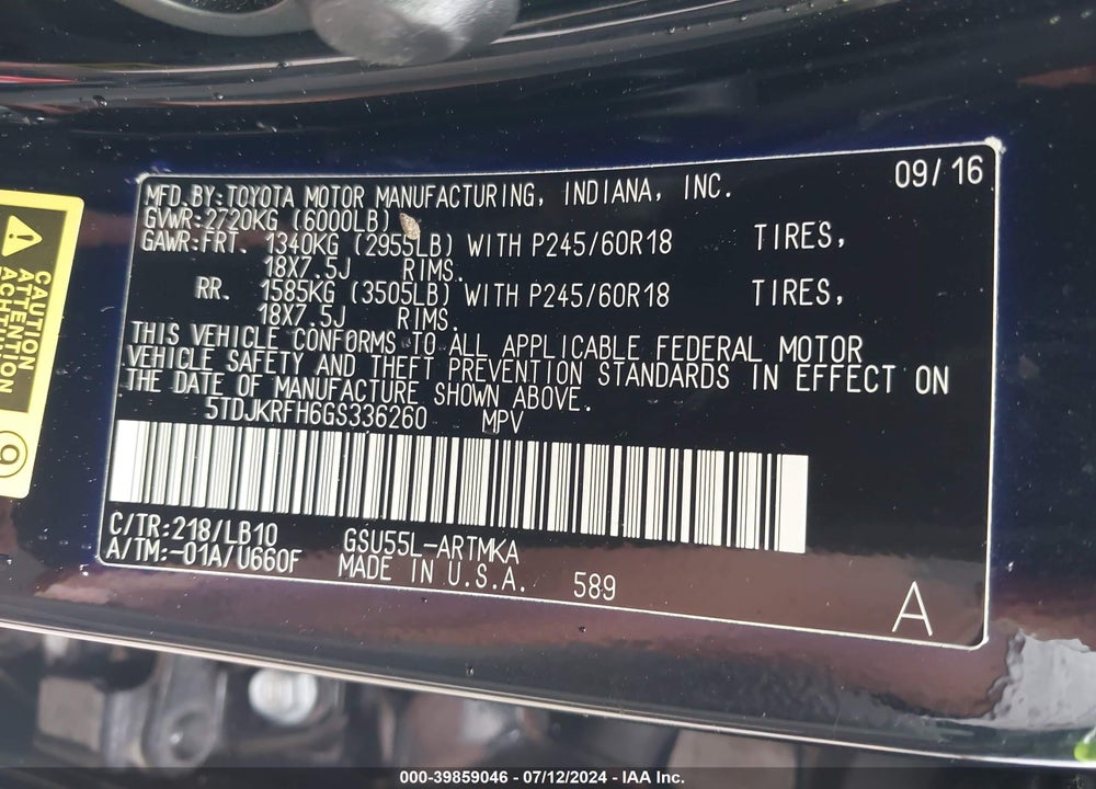 2016 TOYOTA HIGHLANDER XLE V6 VIN: 5TDJKRFH6GS336260