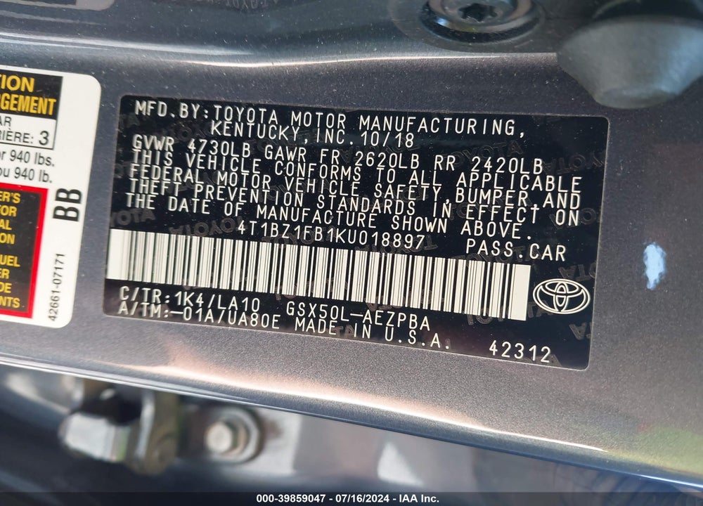 2019 TOYOTA AVALON LIMITED VIN: 4T1BZ1FB1KU018897