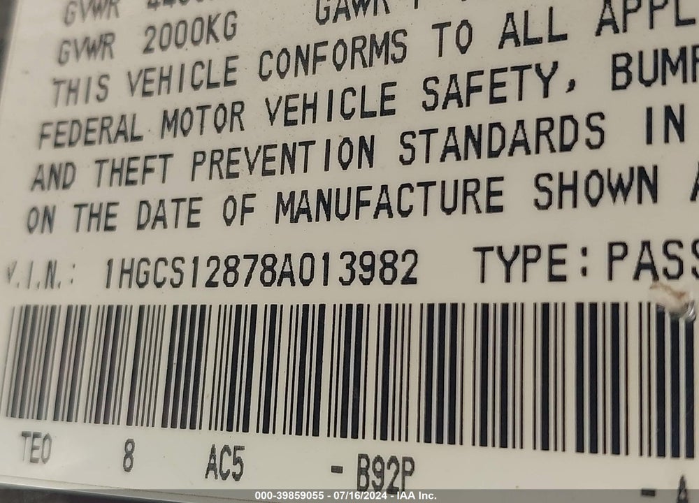 2008 HONDA ACCORD 2.4 EX-L VIN: 1HGCS12878A013982