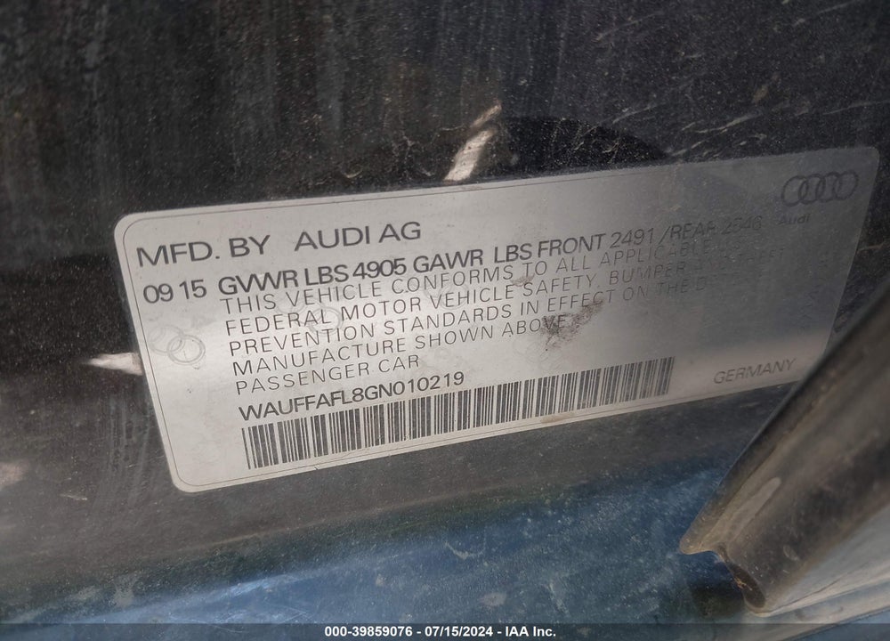 2016 AUDI A4 2.0T PREMIUM VIN: WAUFFAFL8GN010219