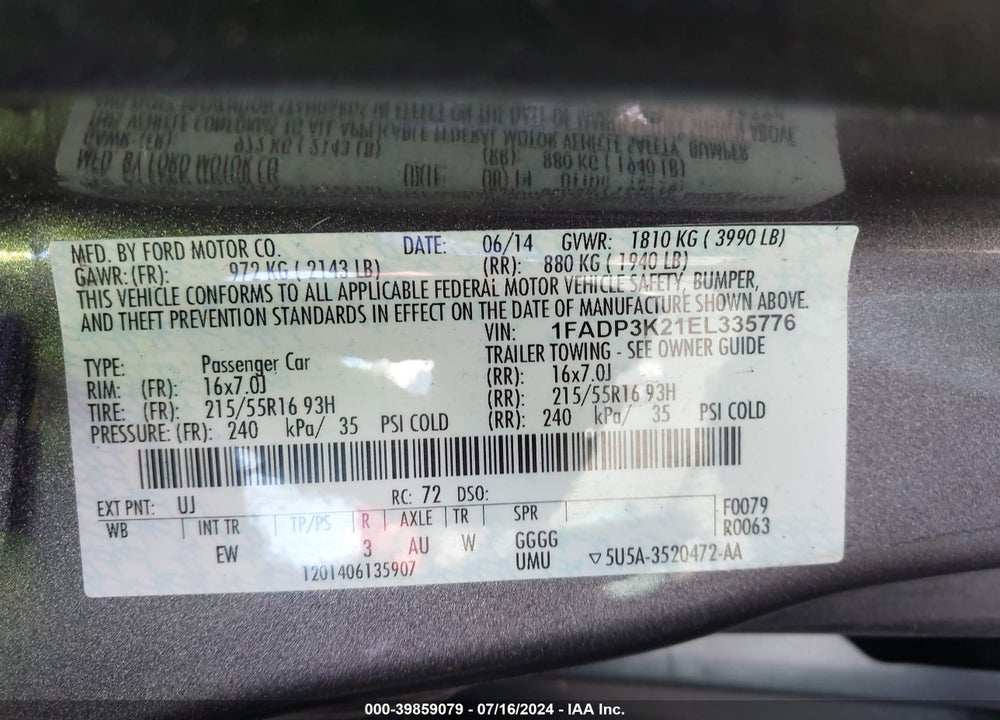 2014 FORD FOCUS SE VIN: 1FADP3K21EL335776