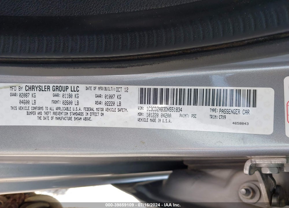 2013 DODGE AVENGER SE VIN: 1C3CDZAB3DN551834