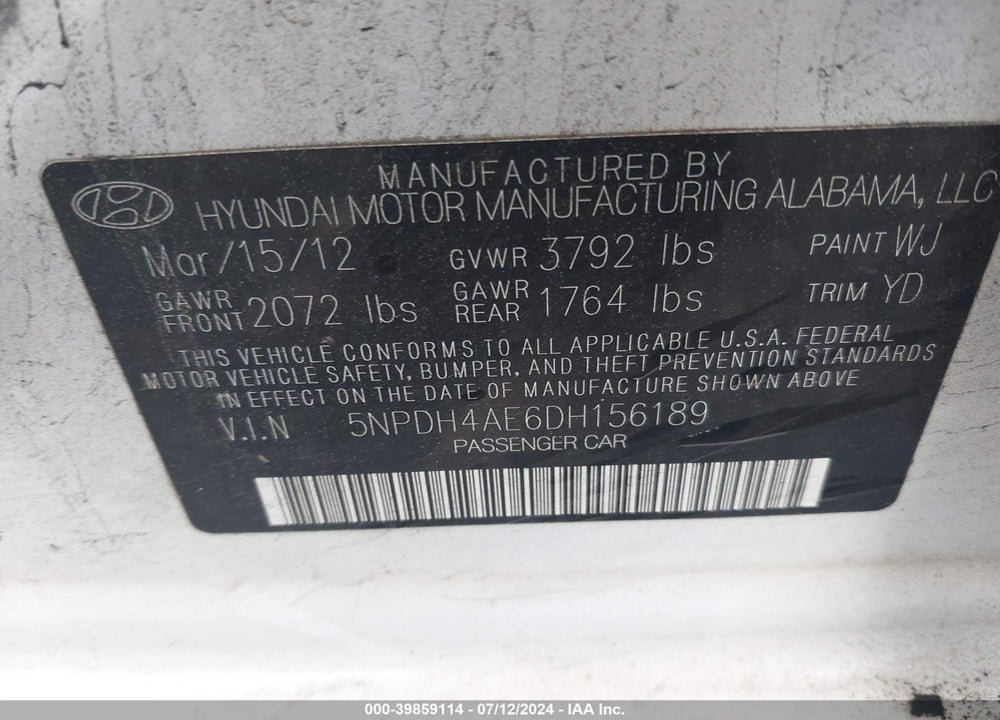 2013 HYUNDAI ELANTRA GLS VIN: 5NPDH4AE6DH156189