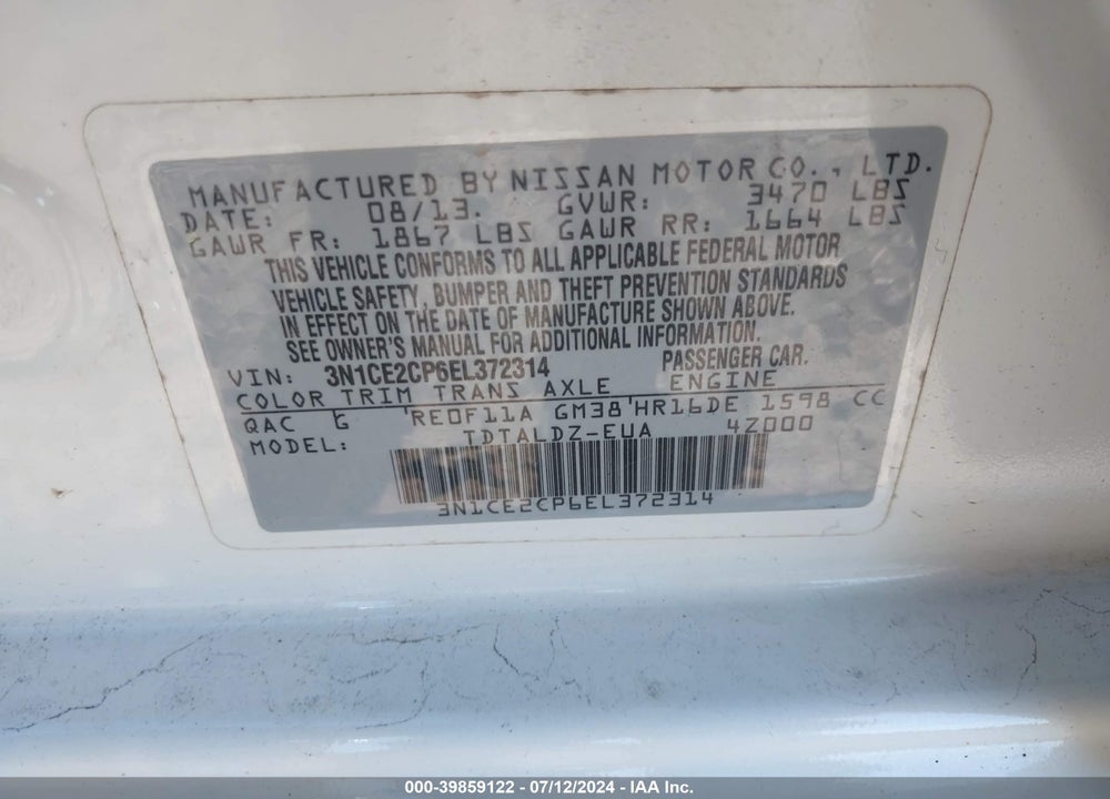 2014 NISSAN VERSA NOTE SV VIN: 3N1CE2CP6EL372314
