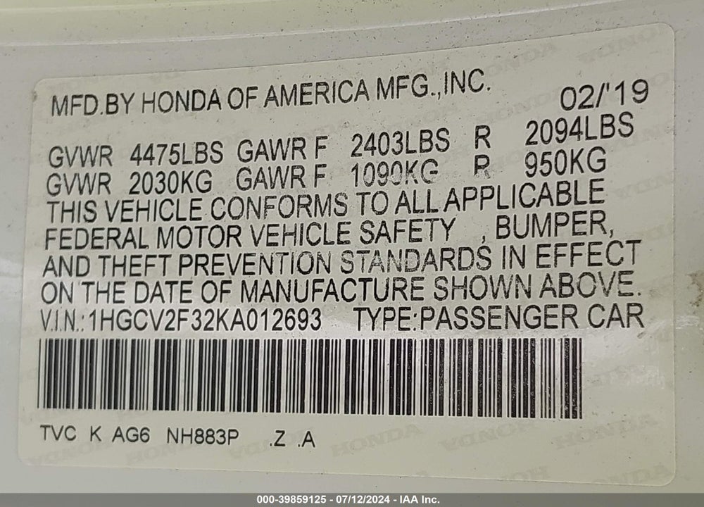2019 HONDA ACCORD SPORT 2.0T VIN: 1HGCV2F32KA012693