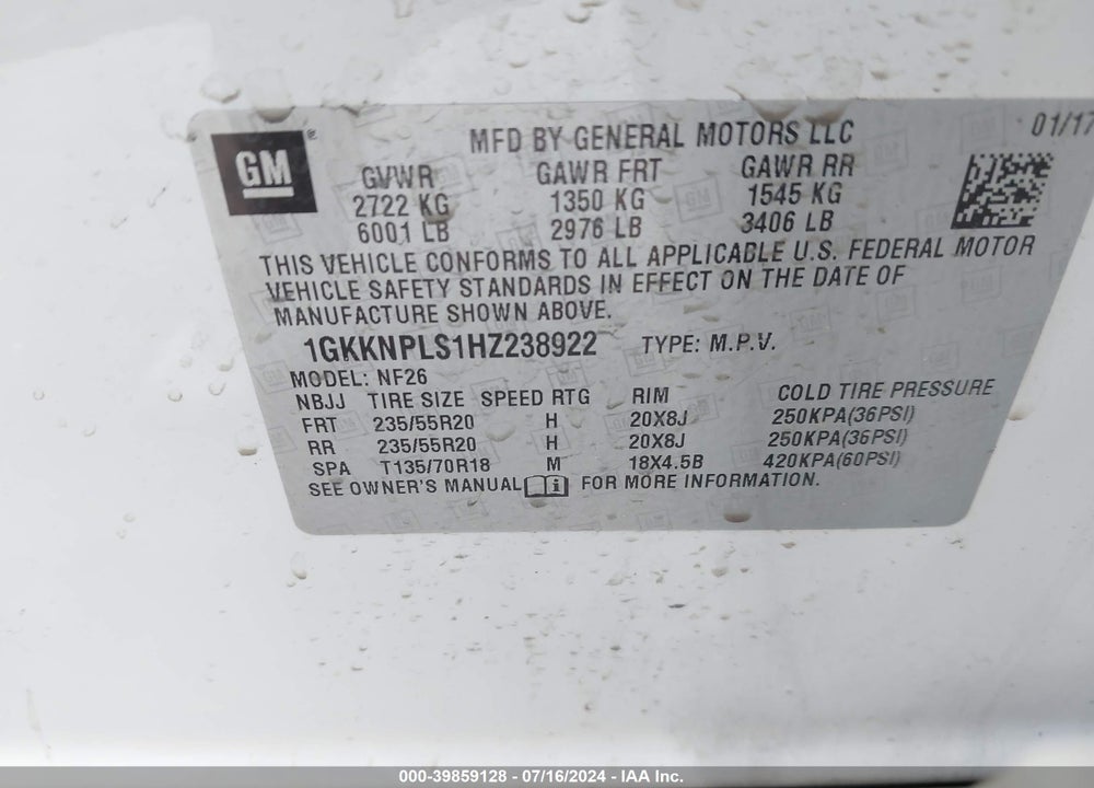 2017 GMC ACADIA DENALI VIN: 1GKKNPLS1HZ238922