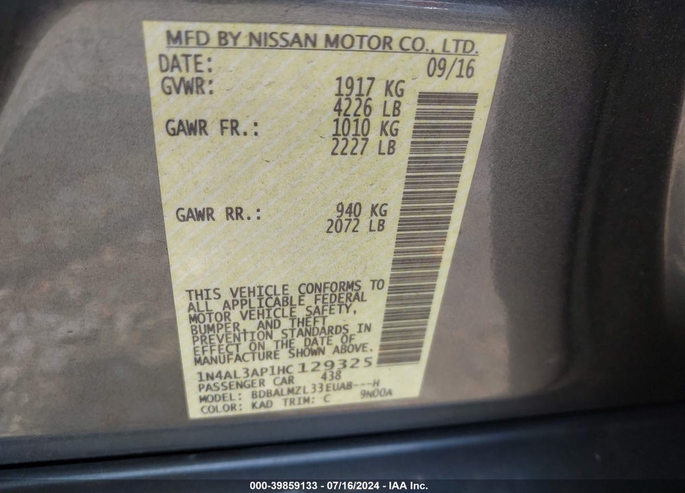 2017 NISSAN ALTIMA 2.5 SV VIN: 1N4AL3AP1HC129325